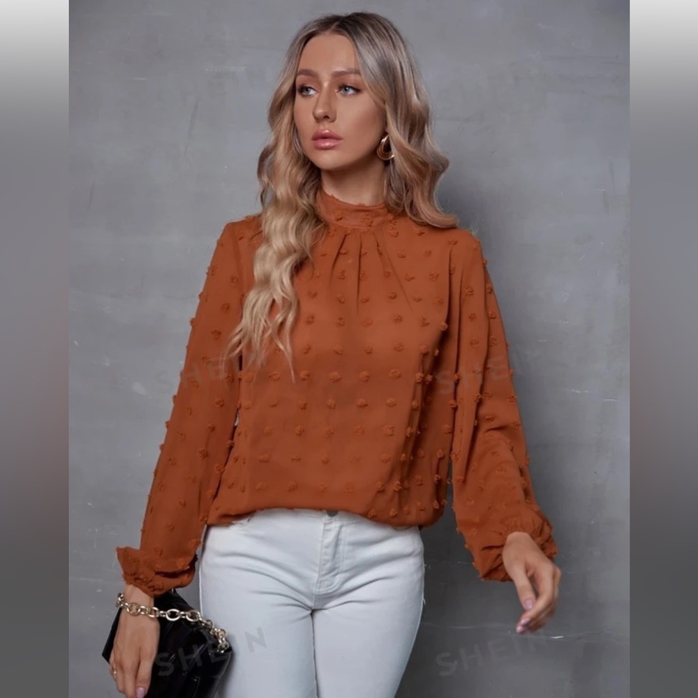 SHEIN Clasi Mock Neck Swiss Dot Lantern Sleeve Blouse Rust Brown